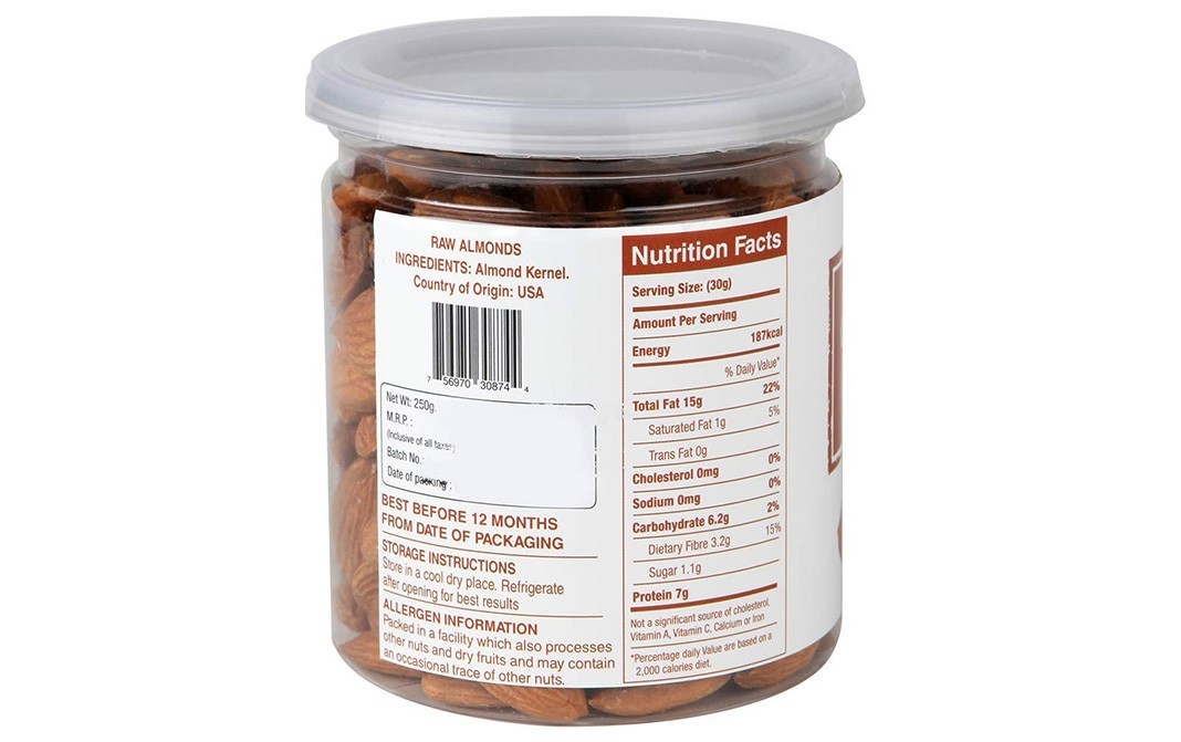 Umanac California Almonds, Raw    Jar  250 grams